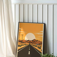 Route 66 Desert Sunset Wall Art, Vintage American Highway Road Trip Poster