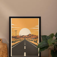 Route 66 Desert Sunset Wall Art, Vintage American Highway Road Trip Poster