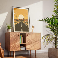 Route 66 Desert Sunset Wall Art, Vintage American Highway Road Trip Poster