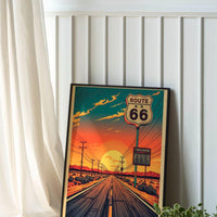 Route 66 Sunset Wall Art Print, Vintage American Road Trip Poster