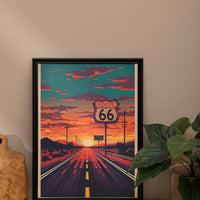 Route 66 Sunset Wall Art Print, Vintage American Highway Poster