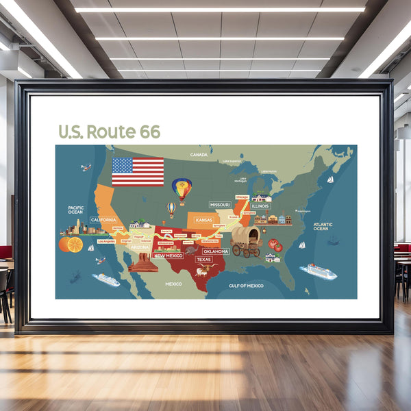 Route 66 Cartoon Map: Colorful Illustrated USA Road Trip Art Print (Digital Download)