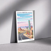 Route 66 Art Print – Vintage Travel Style, Yellow Gas Pumps, Desert Road