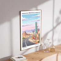 Route 66 Art Print – Vintage Travel Style, Yellow Gas Pumps, Desert Road