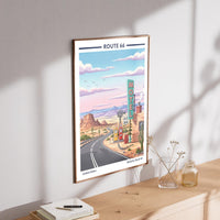 Route 66 Art Print – Vintage Travel Style, Yellow Gas Pumps, Desert Road