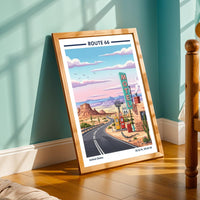 Route 66 Art Print – Vintage Travel Style, Yellow Gas Pumps, Desert Road