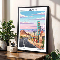 Route 66 Art Print – Vintage Travel Style, Yellow Gas Pumps, Desert Road