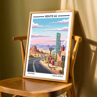 Route 66 Art Print – Vintage Travel Style, Yellow Gas Pumps, Desert Road