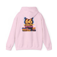 Back Print: Route 66 Retro Diner Hoodie | Vintage Roadtrip Sign, Classic Cars
