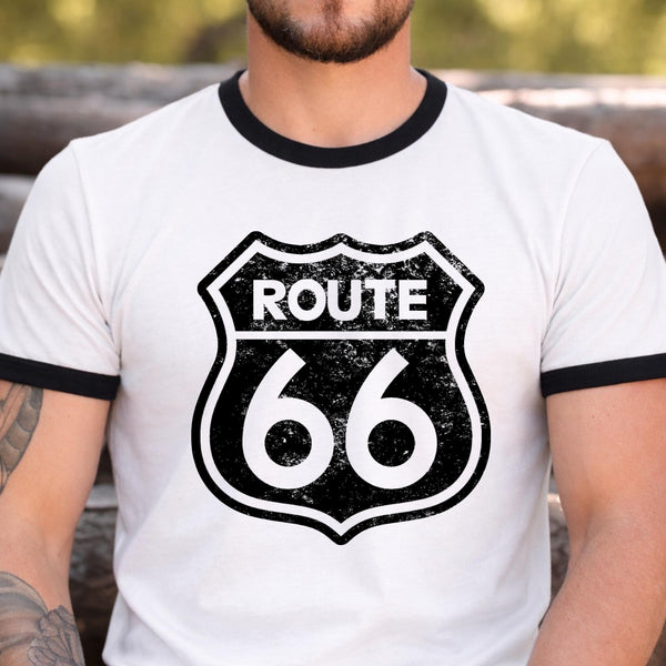 Route 66 Ringer T Shirt, Vintage Highway Sign Graphic Tee