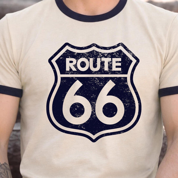 Route 66 Ringer T Shirt, Vintage Highway Sign Graphic Tee