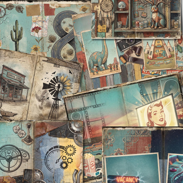 Route 66 Junk Journal Kit - Vintage Digital Download Ephemera - Printable Scrapbook Paper US Letter | 10 Double sided Pages