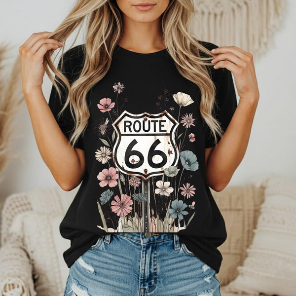 Route 66 Floral Road Sign T-Shirt | Retro Highway Wildflower Tee