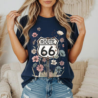 Route 66 Floral Road Sign T-Shirt | Retro Highway Wildflower Tee