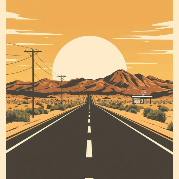 Route 66 Desert Sunset Wall Art, Vintage American Highway Road Trip Poster