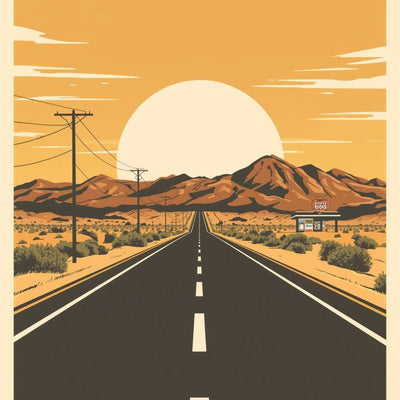 Route 66 Desert Sunset Wall Art, Vintage American Highway Road Trip Poster