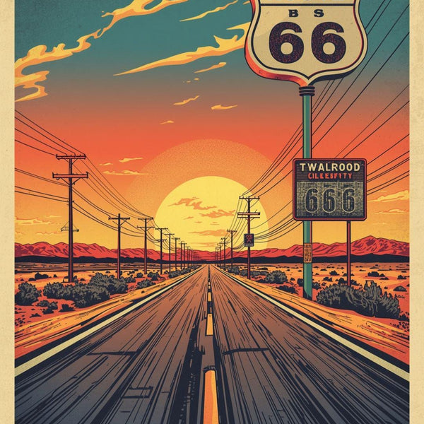 Route 66 Sunset Wall Art Print, Vintage American Road Trip Poster
