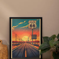 Route 66 Sunset Wall Art Print, Vintage American Road Trip Poster