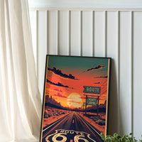 Route 66 Sunset Road Wall Art Print, Vintage American Highway Poster