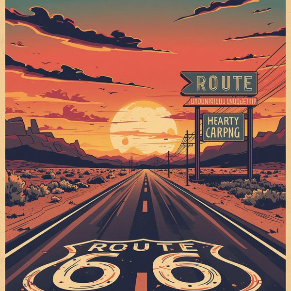 Route 66 Sunset Road Wall Art Print, Vintage American Highway Poster