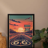 Route 66 Sunset Road Wall Art Print, Vintage American Highway Poster