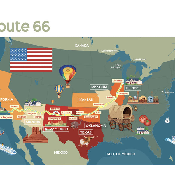 Route 66 Cartoon Map: Colorful Illustrated USA Road Trip Art Print (Digital Download)