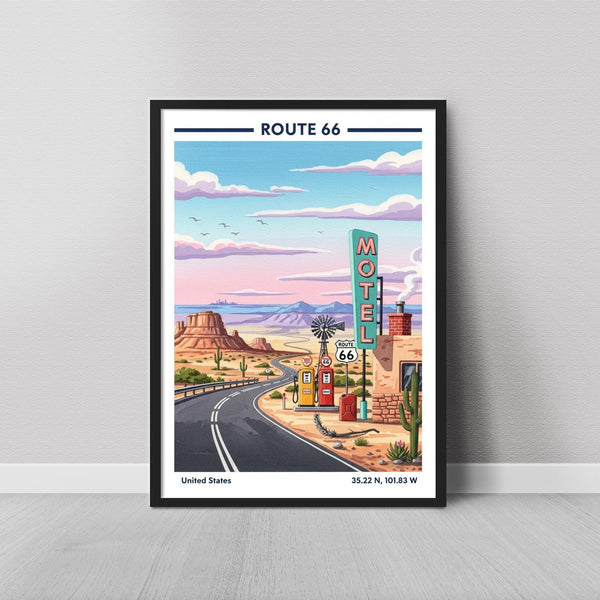 Route 66 Art Print – Vintage Travel Style, Yellow Gas Pumps, Desert Road