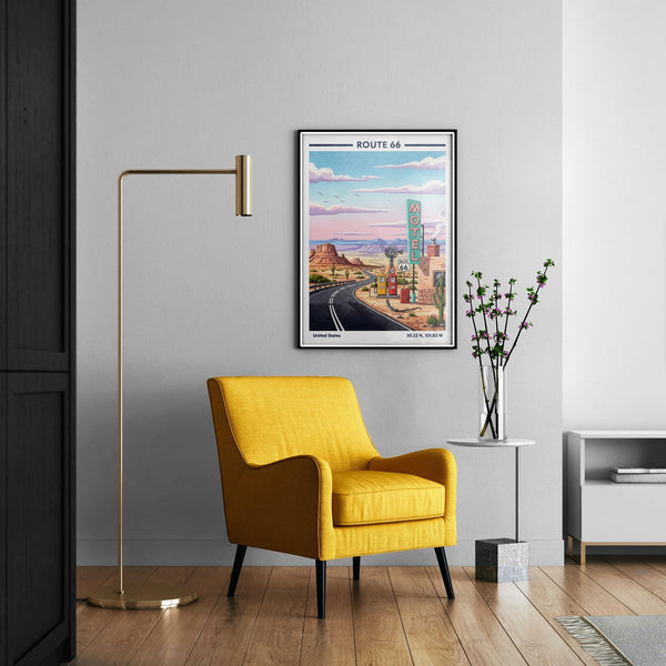 Route 66 Art Print – Vintage Travel Style, Yellow Gas Pumps, Desert Road
