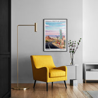 Route 66 Art Print – Vintage Travel Style, Yellow Gas Pumps, Desert Road