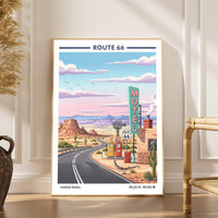 Route 66 Art Print – Vintage Travel Style, Yellow Gas Pumps, Desert Road