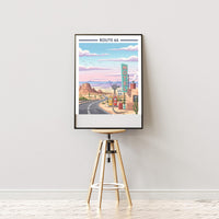 Route 66 Art Print – Vintage Travel Style, Yellow Gas Pumps, Desert Road