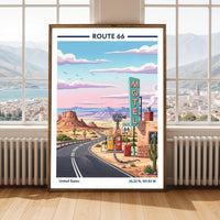 Route 66 Art Print – Vintage Travel Style, Yellow Gas Pumps, Desert Road
