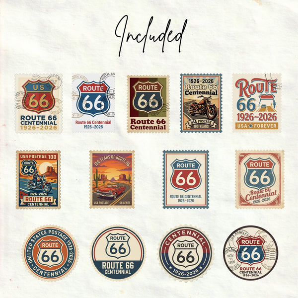 Route 66 100th Anniversary Stamp PNG, Vintage Centennial Postage Design, Americana Road Trip Decor, Sticker Mug T-Shirt - Commercial Use
