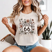 Route 66 T-Shirts, Floral Shield T-shirt | Retro Highway Sign with Wildflowers, Road Trip Tee's