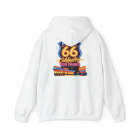 Back Print: Route 66 Retro Diner Hoodie | Vintage Roadtrip Sign, Classic Cars