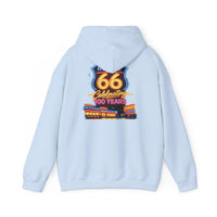 Back Print: Route 66 Retro Diner Hoodie | Vintage Roadtrip Sign, Classic Cars