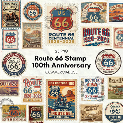 Route 66 100th Anniversary Stamp PNG, Vintage Centennial Postage Design, Americana Road Trip Decor, Sticker Mug T-Shirt - Commercial Use