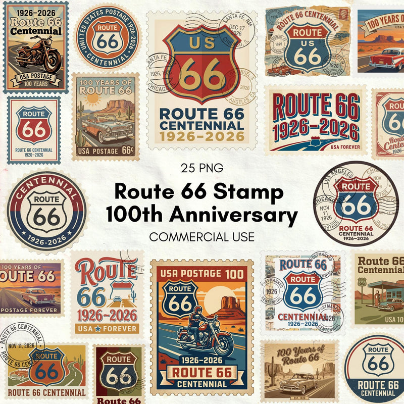 Route 66 100th Anniversary Stamp PNG, Vintage Centennial Postage Design, Americana Road Trip Decor, Sticker Mug T-Shirt - Commercial Use