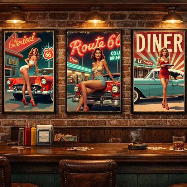 Route 66 Diner Poster Set, Retro Pin Up Car Art (Digital Download)