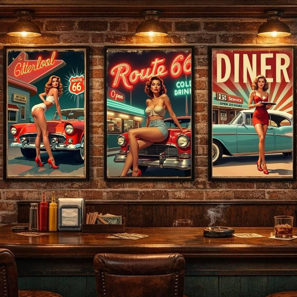 Route 66 Diner Poster Set, Retro Pin Up Car Art (Digital Download)