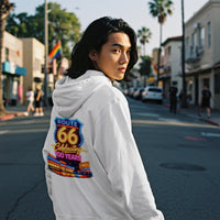 Back Print: Route 66 Retro Diner Hoodie | Vintage Roadtrip Sign, Classic Cars
