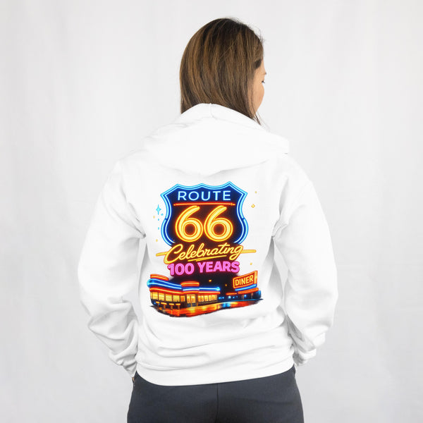 Back Print: Route 66 Retro Diner Hoodie | Vintage Roadtrip Sign, Classic Cars