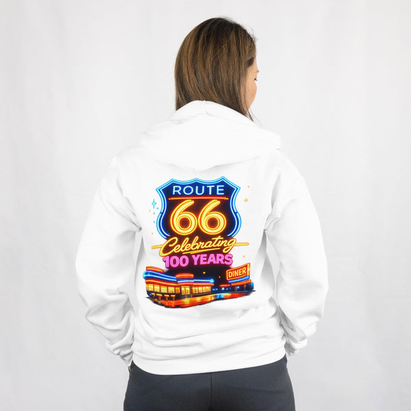 Back Print: Route 66 Retro Diner Hoodie | Vintage Roadtrip Sign, Classic Cars