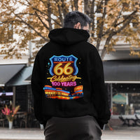 Back Print: Route 66 Retro Diner Hoodie | Vintage Roadtrip Sign, Classic Cars