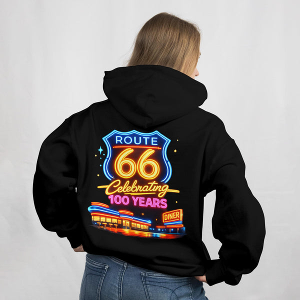 Back Print: Route 66 Retro Diner Hoodie | Vintage Roadtrip Sign, Classic Cars