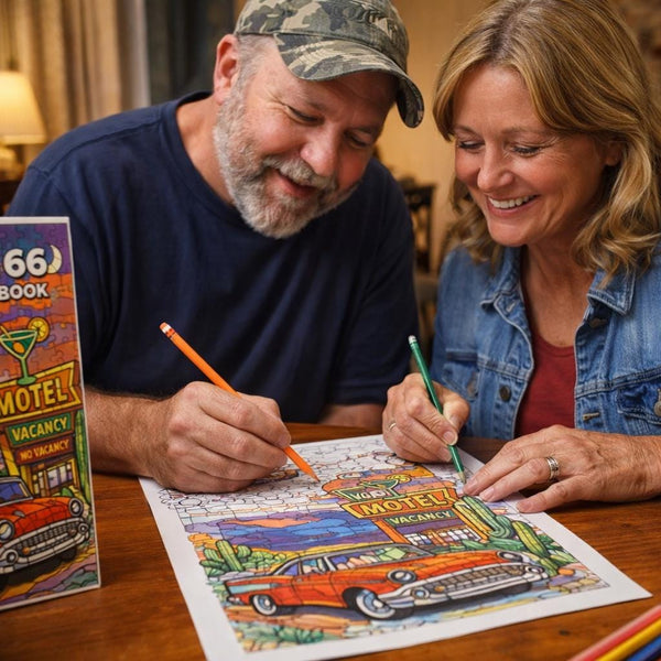 Route 66 Printable Coloring Pages | Vintage Road Trip | Retro Car Motel Desert | Instant Download
