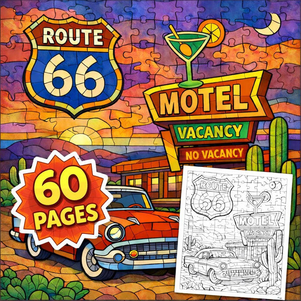 Route 66 Printable Coloring Pages | Vintage Road Trip | Retro Car Motel Desert | Instant Download