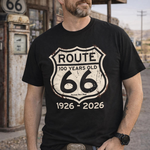 Route 66 100 Years 1926-2026 T-shirt | Vintage Highway Sign