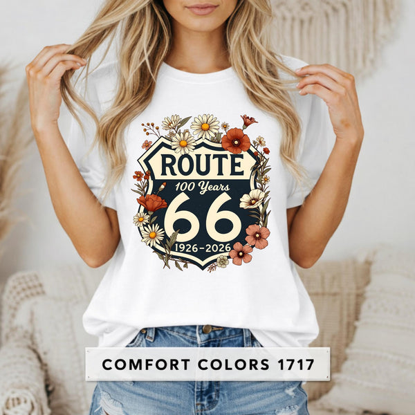 Route 66 Floral Shield T-Shirt | 100 Years Anniversary Centennial Tee