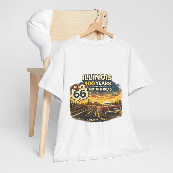 Front Print: Illinois Route 66 100 Years T-Shirt | Mother Road tee, vintage car graphic